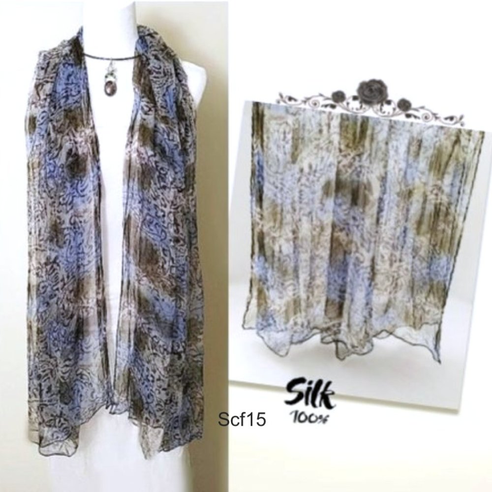 100% Silk Rectangle Long Scarf Sheer Blue Brown Floral Print Soft Lightweight